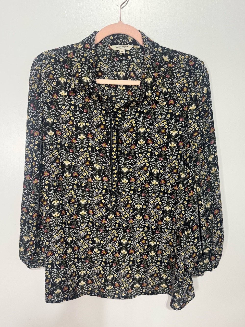Max Studio Black Floral Split-Neck Tunic with Yellow and Pink Accents 3/4 Sleeve